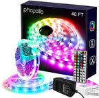 phopollo Led Lights 40ft for Bedroom RGB Color Changing Led Lights Kit with Power Supply and Remote