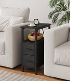 2 Set Narrow Side Table for Small Spaces, Skinny End Table with Charging Station, Sofa Beside Table with 2 Fabric Drawers and 1 Open Compartment, Slim Nightstand with USB Ports Outlet, Black UTBT004B
