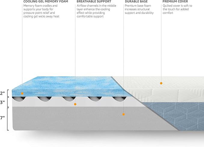 Amazon Basics Memory Foam Mattress, Medium Firm, Cooling Gel, King Size Mattress, CertiPUR-US® Certified Foam, 80 x 76 x 12 inches, White/Gray