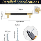 Knurled Cabinet Pulls 12 Pack, 5 Inch Long Cabinet Handles Metal Door Pulls, Kitchen Drawer Pull Knurled Dresser Handles - 3 3/4" Hole to Hole, Black & Gold
