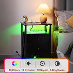 AMHANCIBLE LED Nightstand with Charging Station, Smart End Side Table with USB Port & Power Outlet, Bedside Table with Fabric Drawers for Bedroom, Living Room, Black, HET053LBK1