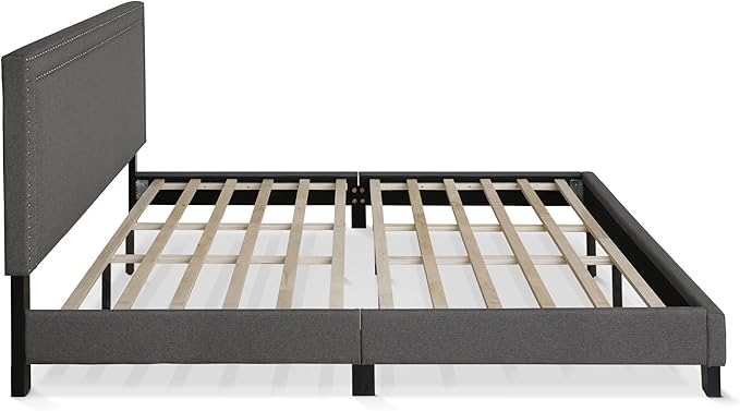 Furinno Laval Double Row Nail Head Upholstered Platform Bed Frame, King, Stone