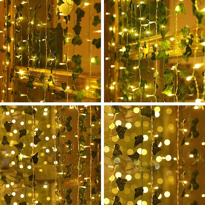 KASZOO 12 Pack Artificial Ivy Leaf Plants with 240 LED Window Curtain String Lights, Fake Plants Vine Hanging Garland, Hanging for Wall Party Wedding Room Home Kitchen Indoor & Outdoor Decoration