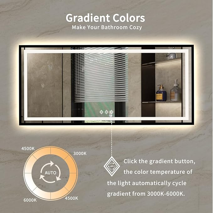 Bathroom Mirrors for Wall, 72x32 Inch Black Framed Gradient Front and Backlit Smart Mirror, 3 Colors Dimmable CRI>90, IP54 Enhanced Anti-Fog Wall Mounted Bathroom Mirror Frame