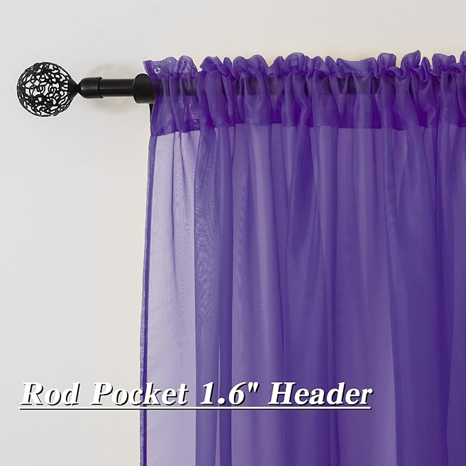 HUTO Purple Sheer Curtains 63 Inch Length for Girls Room Rod Pocket Voile Curtain Panels for Bedroom Living Room,Set of 2 Panels,52”x63”