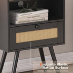 SUPERJARE Nightstand with Charging Station & Rattan-Like Decor Drawer, Rattan End Table with Solid Wood Feet, Bed Side Table with Open Storage, for Bedroom, Living Room, Dormitory - Black