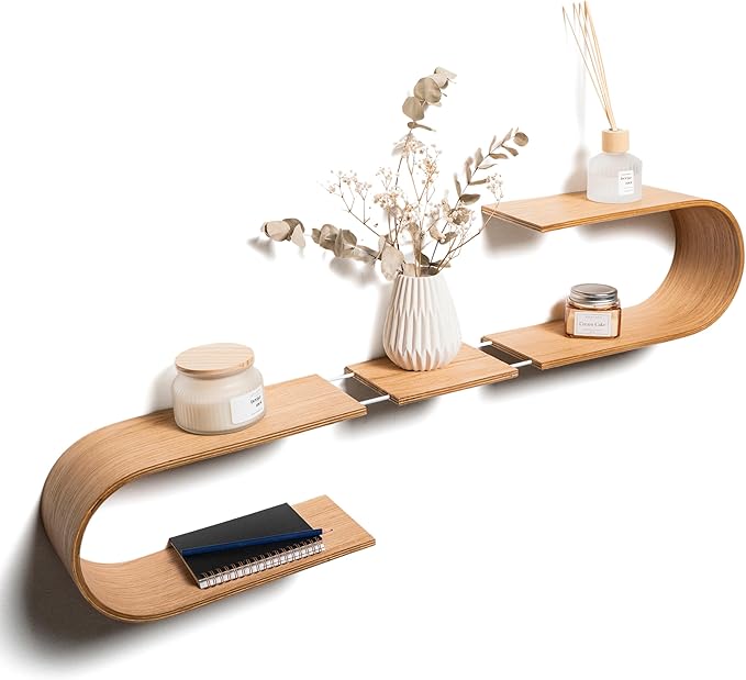 EWART WOODS Floating Wall Mounted Oval Shelf from Wood, Decorative Geometric Wooden Shelves for Candles, Unique Oak Hanging Display Decor (Oak)