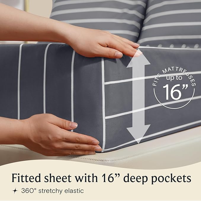 LuxClub 4 PC Full Size Sheet Set Bed Sheets, Breathable Luxury Deep Pockets Wrinkle Free Cooling Sheets Machine Washable Hotel Bedding (Full, Striped Light Grey)