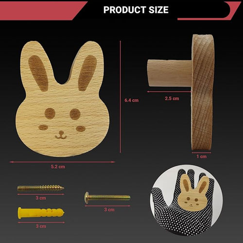 6PCS Wooden Rabbit Shaped Cabinet Knobs, Cabinet Handles, Single Hole Beech Wood Handles, Wood Hooks with Full Set of Screw Accessories