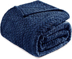 Exclusivo Mezcla Fleece King Size Blanket for Bed, 90x104 Inches Soft Cozy Jacquard Flannel Blankets, Lightweight Fuzzy Plush Warm for Winter, Navy Blue
