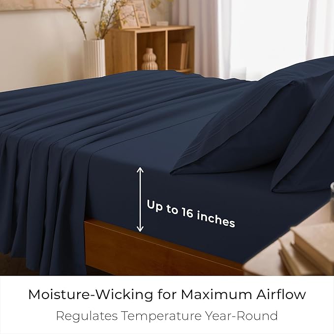 Mellanni Queen Sheets Set - 4 PC Iconic Collection Bedding - Hotel Luxury, Extra Soft, Cooling Bed Sheets - Wrinkle, Fade, Stain Resistant (Queen, Navy Blue)