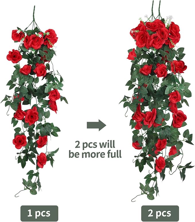 RECUTMS Hanging Rose Flowers Artificial Vine PlantsFlower Garland for Home Room Garden Wedding Indoor Outdoor Decoration (Red)