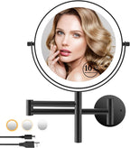 8" Wall Mounted Makeup Mirror with Handle, 3 Color Lights Dimmable and 1X/10X Magnification, Rechargeable Bathroom Wall Mount Magnifying Mirror with Extension Arm Height Adjustable Black