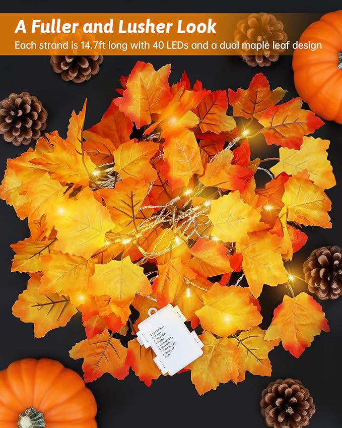 2Pack [8 Lighting Modes & Timer] Fall Decor Maple Leaf Garland with Lights 80LED Battery Operated Waterproof, Fall Decorations for Home Outdoor Indoor Thanksgiving Decor Halloween Friendsgiving Autumn