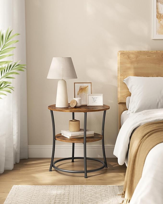 VASAGLE Side Table, 2-Tier Round End Table, Nightstand with Steel Frame for Small Spaces, Living Room, Bedroom, Rustic Brown and Ink Black