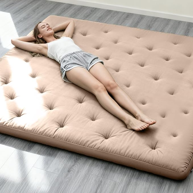ZonLi Japanese Floor Futon Mattress Queen Size 80"x 60", 100% Cotton Cover 4'' Thicken Tatami Mattress, Foldable Sleeping Pad, Portable Dormitory Tatami Mat(Khaki)