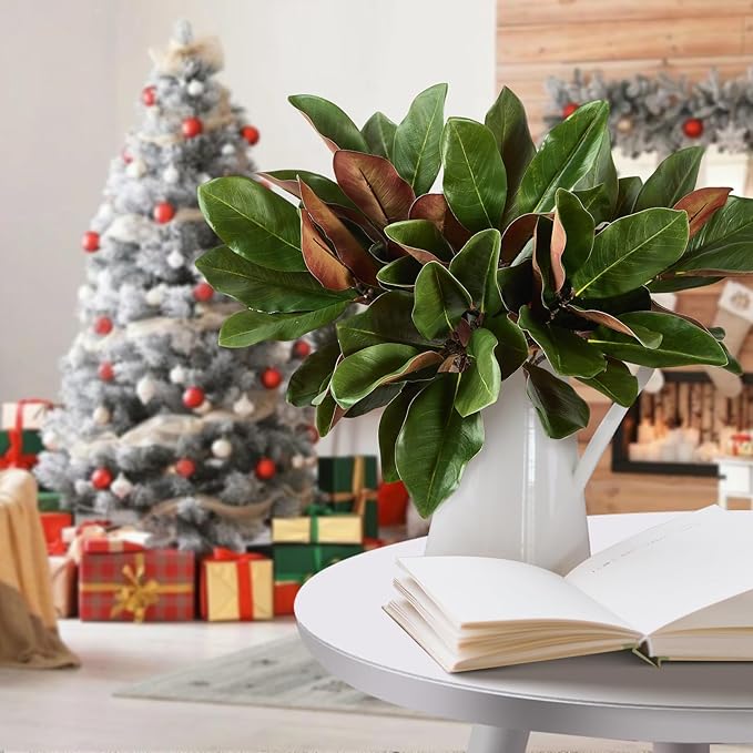 4 Pcs Magnolia Artificial Leaves Branches 22 Inch 3D Real Touch Faux Magnolia Stems Fake Magnolia Twigs for Indoor Outdoor Vase Filling Home Wedding Floral Arrangement Decoration