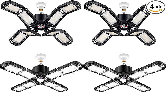 4 Pack LED Garage Light, Super Bright Screw in E26/E27 Ceiling Shop Work Lamp, 200W 20000 Lumen Deformable Basement Bulb Fixture with 8 Adjustable Panels