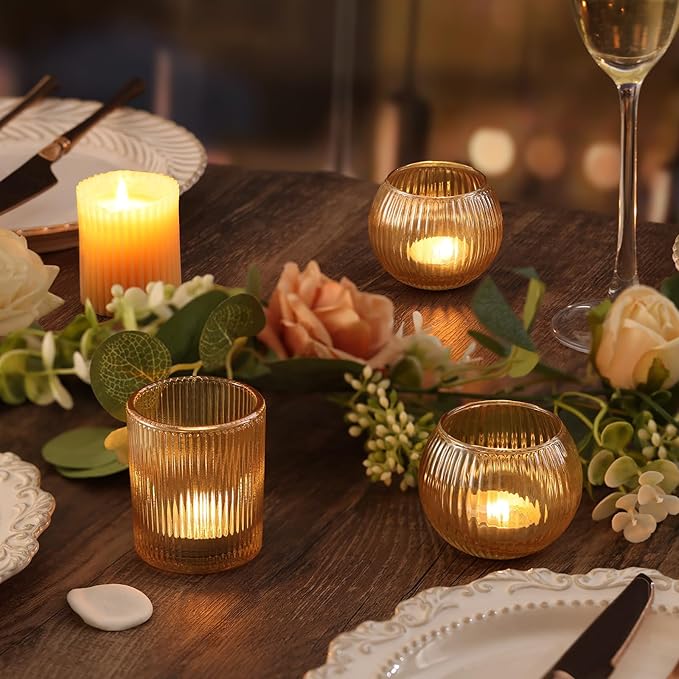 30pcs Assorted Ribbed Gold Votive Candle Holders, Gold Candle Holders for Wedding Table Centerpiece, Tea Light Candle Holder for Bridal Shower, Halloween, Christmas, Brithday and Holiday Decorations