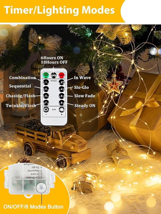 4 Pack Christmas Fairy Lights Battery Operated with Remote, Each 33FT 100LED Waterproof Twinkle Lights with Timer, String Light Indoor & Outdoor for Bedroom Wedding Christmas Decorations (Warm White)