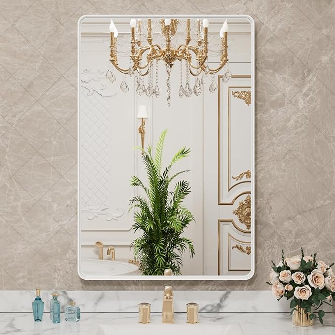 LOAAO 32x36 Inch White Metal Framed Bathroom Mirror for Wall, White Bathroom Vanity Mirror Farmhouse, Large Rounded Rectangle Mirror, Anti-Rust, Tempered Glass, Hangs Horizontally or Vertically
