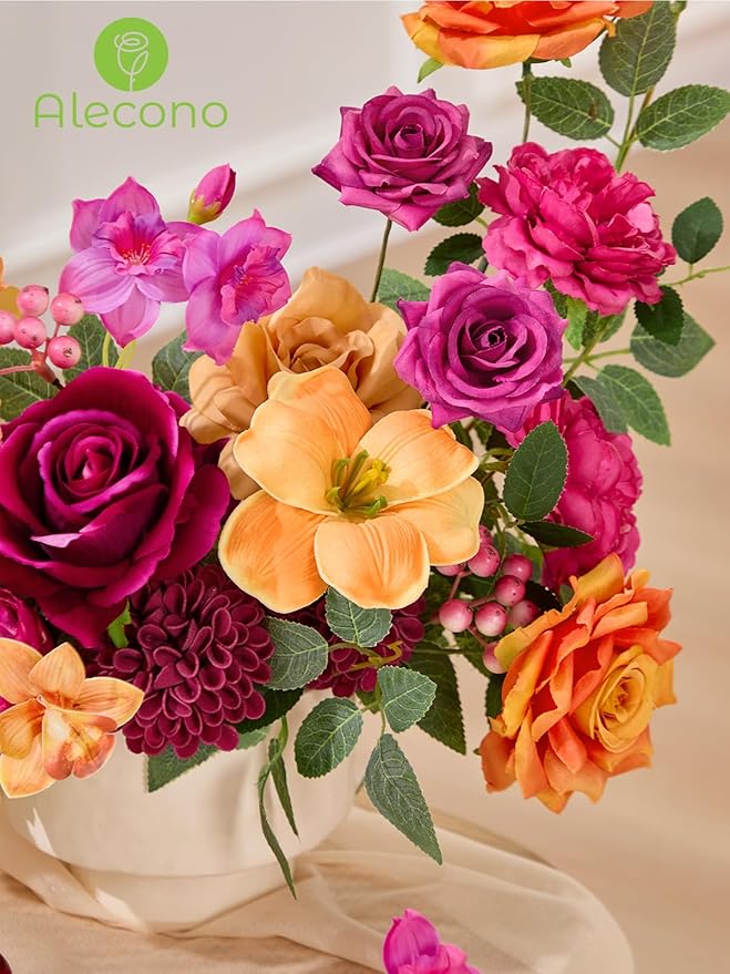 Alecono Artificial Flowers, Hot Pink and Orange Silk Fake Flowers for DIY Wedding Bridal Bouquets, Wedding Cake Flowers for Table Centerpieces Party Home Decorations