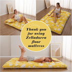 Japanese Floor Mattress, Futon Mattress with Portable Storage Bag and Washable Cover, Roll Up Thick Tatami Mat Suitable for Camping, Guest Room, Yellow Flower, Full