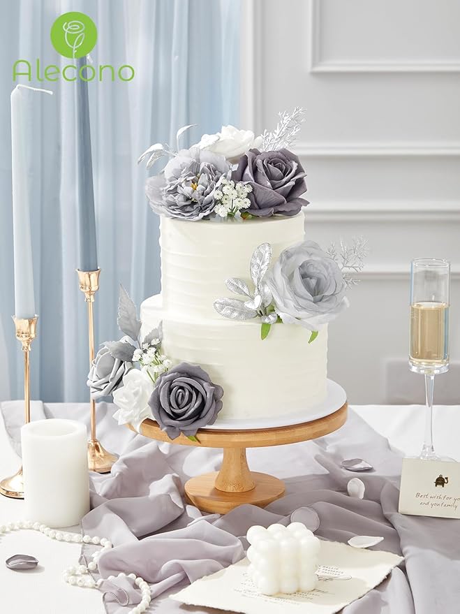 Alecono Artificial Flowers, Silver Silk Fake Flowers for DIY Wedding Cake, Grey Faux Flowers for Table Centerpieces Baby Shower Birthday Party Home Decorations