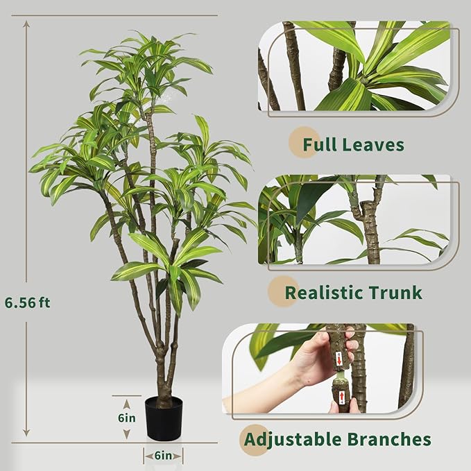 6.56ft Tall Dracaena Draco Artificial Tree, Handmade Dracaena Draco Tree, Fake Dracaena Draco with Faux Silk Leaves, Artificial Plants for Home Office Indoor Outdoor Party Wedding Decor