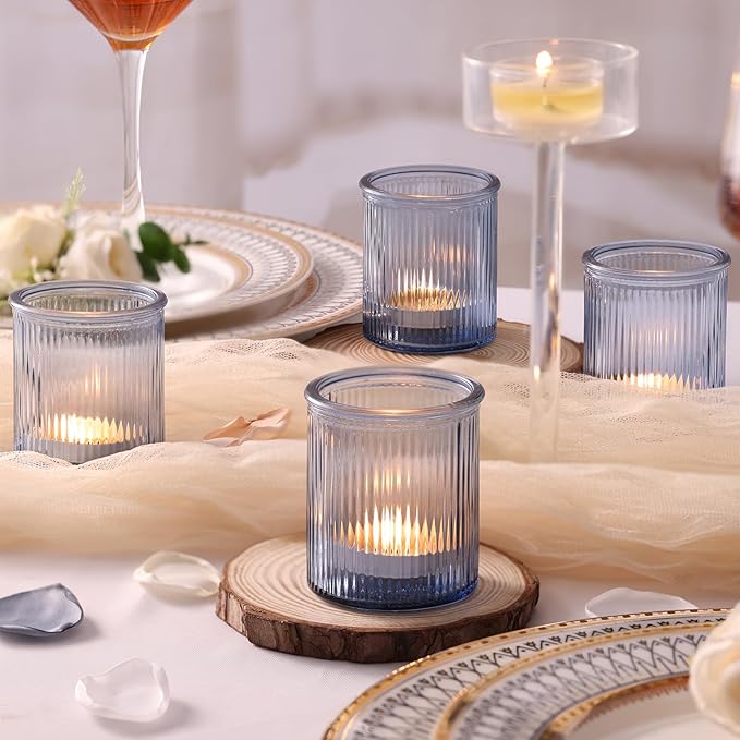 32Pcs Ribbed Blue Votive Candle Holders, Tea Light Candle Holders for Table Centerpiece, Blue Candle Holders for Wedding Decor,Home and Holiday Decor