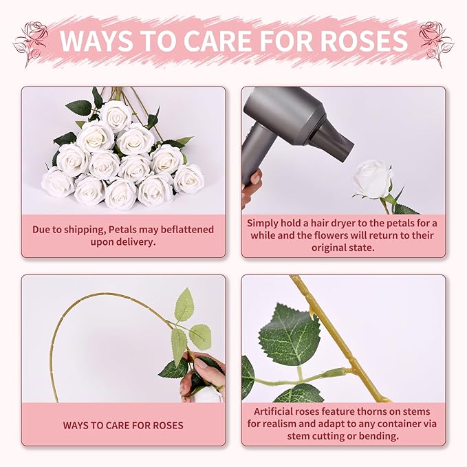 52 PCS White Artificial Roses Bulk, Fake Artificial Flowers Bridal Bouquet Silk Faux Rose with Stems for Wedding Flowers Decoration, Valentine's Day, Bridal Bouquet, Anniversary, Home Decor (52PCS)
