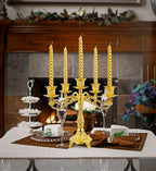 5-Candle Metal Candelabra 10.3 Inch Tall Candlestick Candle Holders for Home Decor Wedding Christmas Church Halloween Party, Gold Tulip