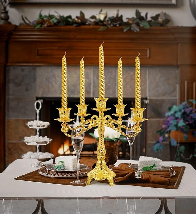 5-Candle Metal Candelabra 10.3 Inch Tall Candlestick Candle Holders for Home Decor Wedding Christmas Church Halloween Party, Gold Tulip