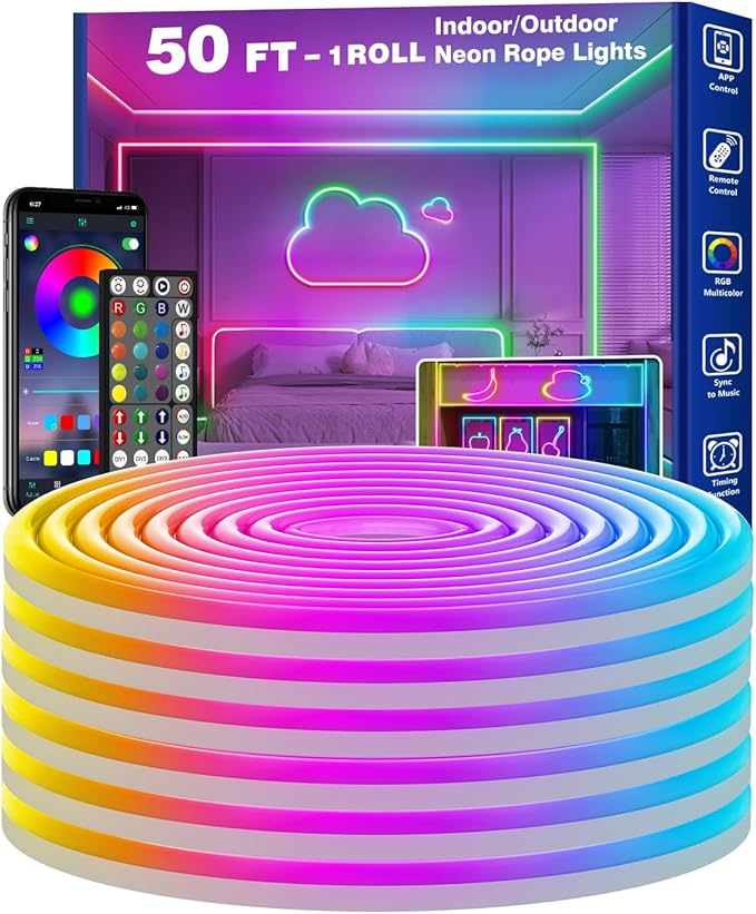 50FT Neon Rope Lights,Flexible Led Rope Lights Control with App/Remote,Multiple Modes Rope Lights,IP65 Outdoor RGB Led Neons Light Waterproof