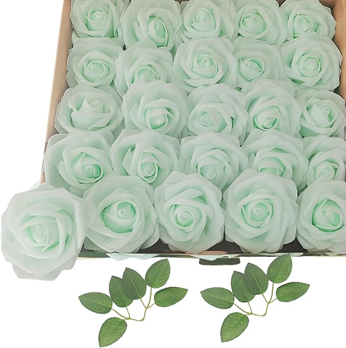 Artificial Fake Flowers 25pcs Roses, Light Green Foam Rose Faux Flower for DIY Wedding Bouquets Bridal Shower Centerpieces Floral Arrangements Party Table Home Decorations