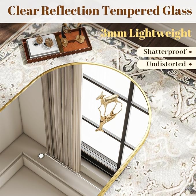 VooBang Arched Wall Mirror, 32 x 48 inch Arch Bathroom Mirror, Wall Mounted Vanity Mirror with Arch Metal Frame, Modern Bathroom Vanity Mirror for Bedroom, Living Room, Hanging or Leaning, Gold