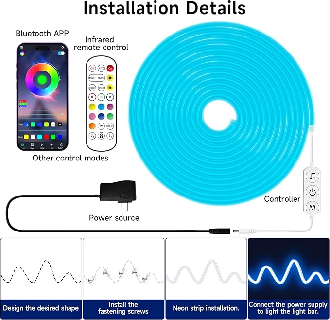 LED Neon Rope Lights, 32.8ft RGB LED Light Strip, 24V Music Sync App/Remote Control DIY Rope Light, IP67 Waterproof Gaming Neon Strip Lights for Bedroom Indoor Oudoor Décor