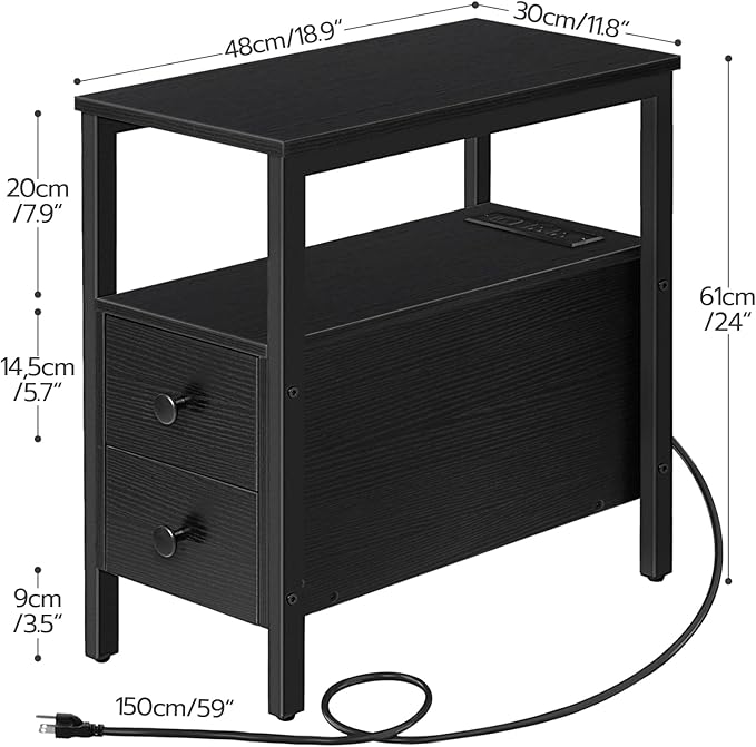 HOOBRO End Table with Charging Station, Narrow Side Table with 2 Drawer & USB Port & Power Outlets, Nightstand for Small Spaces, Stable and Sturdy, for Living Room, Bedroom, Black BK541BZ01