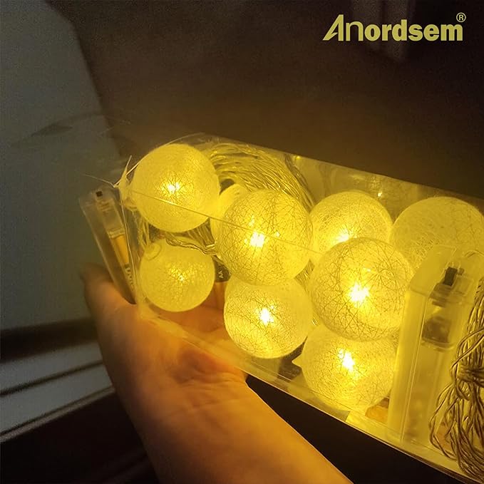 Anordsem Battery String Light Indoor: 6.88Ft/10 LED Cotton Ball Lanterns 2 Pack - Fairy Cozy Lighting Hanging Deco for Bedroom Party - Christmas Gifts for Babies Adults 25-50