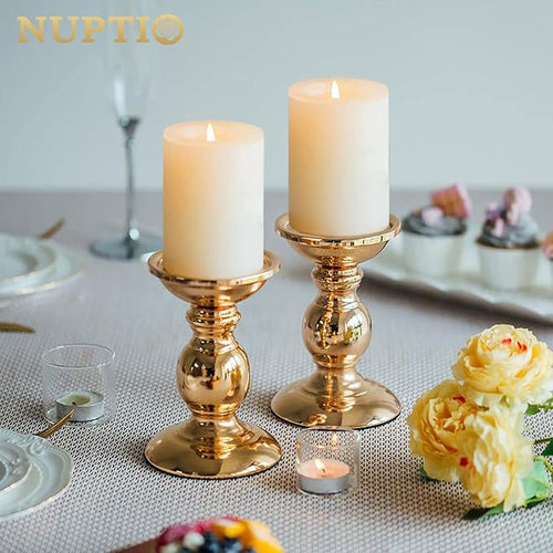 2 Pcs Gold Pillar Candle Holders, Gold Candlestick Most Ideal for 3" Pillar Candles, Gifts for Wedding, Party, Home, Spa, Reiki, Votive Candle (2 x S)