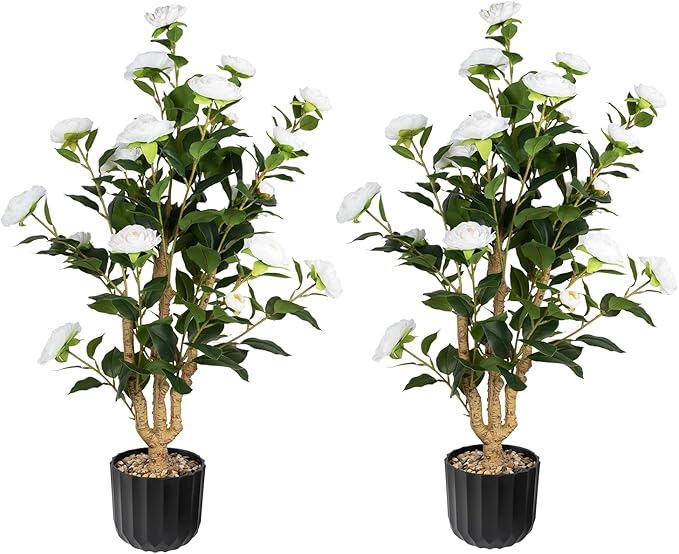 36” Artificial Camellia Tree 2 Packs, Faux Camellia Plant in Pebbles Pot with White Flowers, Greenery Camellia Tree for Spring Home Front Door Outdoor Indoor Decoration, White