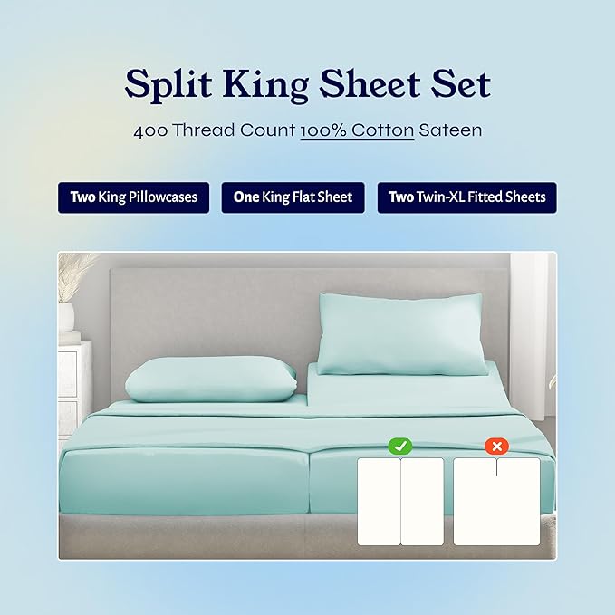California Design Den Split King Sheets Sets for Adjustable Bed - Soft 400 Thread Count Sateen, Natural 100% Cotton Sheets with Deep Pockets, Breathable, Cooling and Durable Bedding Set - Seafoam