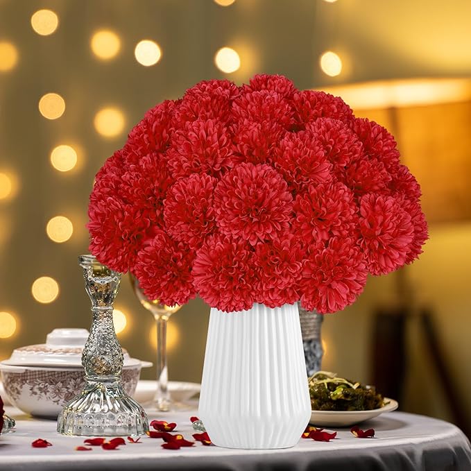 36 Pcs Artificial Chrysanthemums Flowers Red Flowers Fake Mums Silk Flowers for Spring Home Decor Christmas Floral Arrangement Halloween Table Centerpiece