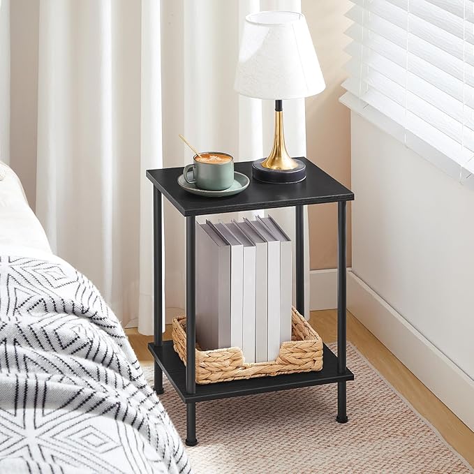 HOOBRO End Table, Small Side Table, Nightstand with 2-Layer Storage Shelves, Sofa Table for Small Spaces, Living Room, Bedroom, Stable Frame, Easy Assembly, Black BB09BZ01