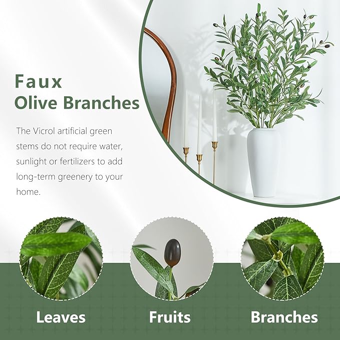4 PCS 39 Inch Faux Olive Branches Artificial Flowers Greenery Stems Olive Tree Branch for Vase Filler Home Decor Indoor
