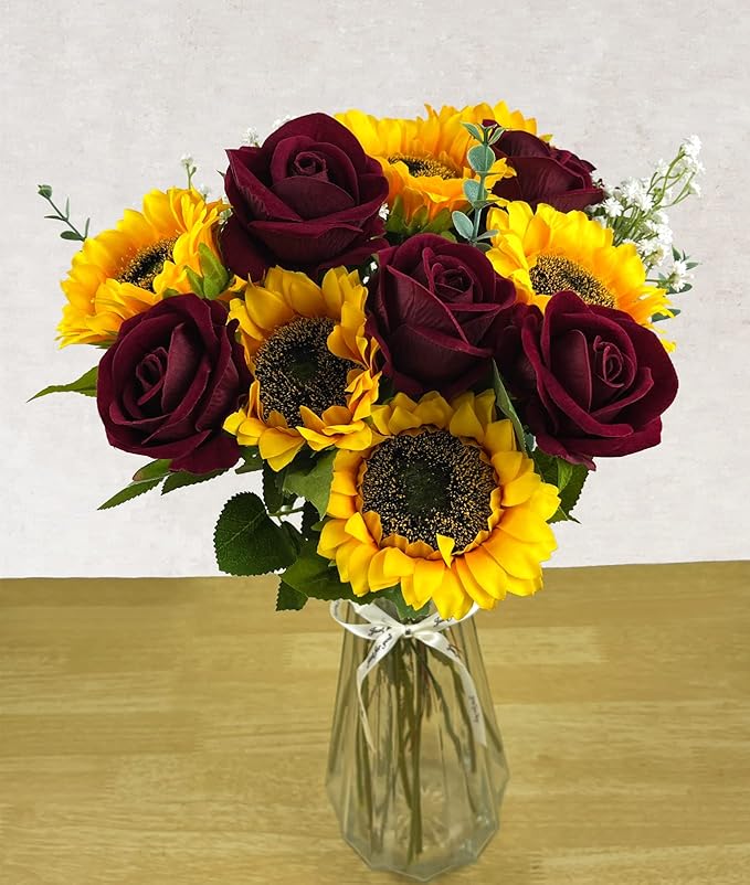 24PCS Fake Rustic Combination Flowers Artificial Fall Decor Long Single Stem Flower Include Sunflowers Babys Breath Burgundy Roses and Green Eucalyptus Stems for Wedding Home Party Decor