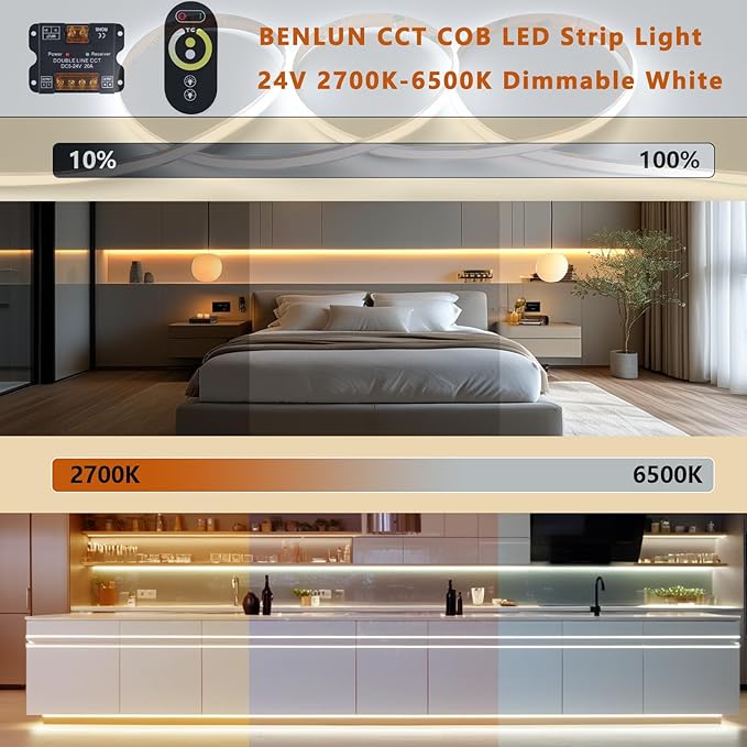 24V CCT COB LED Strip Lights Kit 65.6ft (2 Rolls of 32.8ft), 2700K-6500K Dimmable White Cuttable LED Tape Light CRI 93 with Remote Controller and Power Supply for Bedroom Indoor Decoration