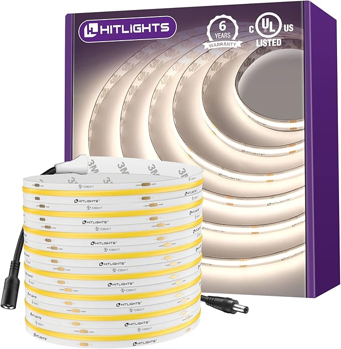 HitLights COB LED Strip Lights Neutral White 4000K,16.4ft Premium High Density 24V Tape Light, 2560LEDs, 350+ LM/FT, CRI 90+, IP30, Lighting for Kitchen, Cabinets, UL Listed(Power Source Not Included)