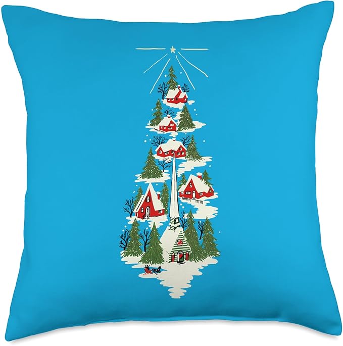 Vintage Scandinavian Christmas Collection Swedish Christmas Scene with Red Houses and Church in Snow Throw Pillow, 18x18, Multicolor