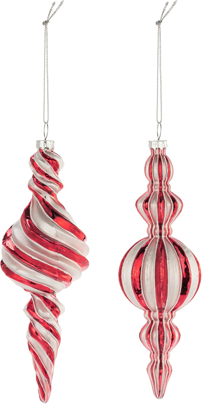 DEMDACO Cozy Time Shimmering Red and White Striped 3 x 8 Inch Glass Christmas Tree Decoration, Festive Holiday Décor, Hanging Finial Ornaments, Set of 2, Candy Cane